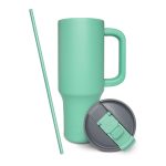 Frosted Frog Green 40oz Mug with Handle, green straw, and Gray and Green Lid Front view